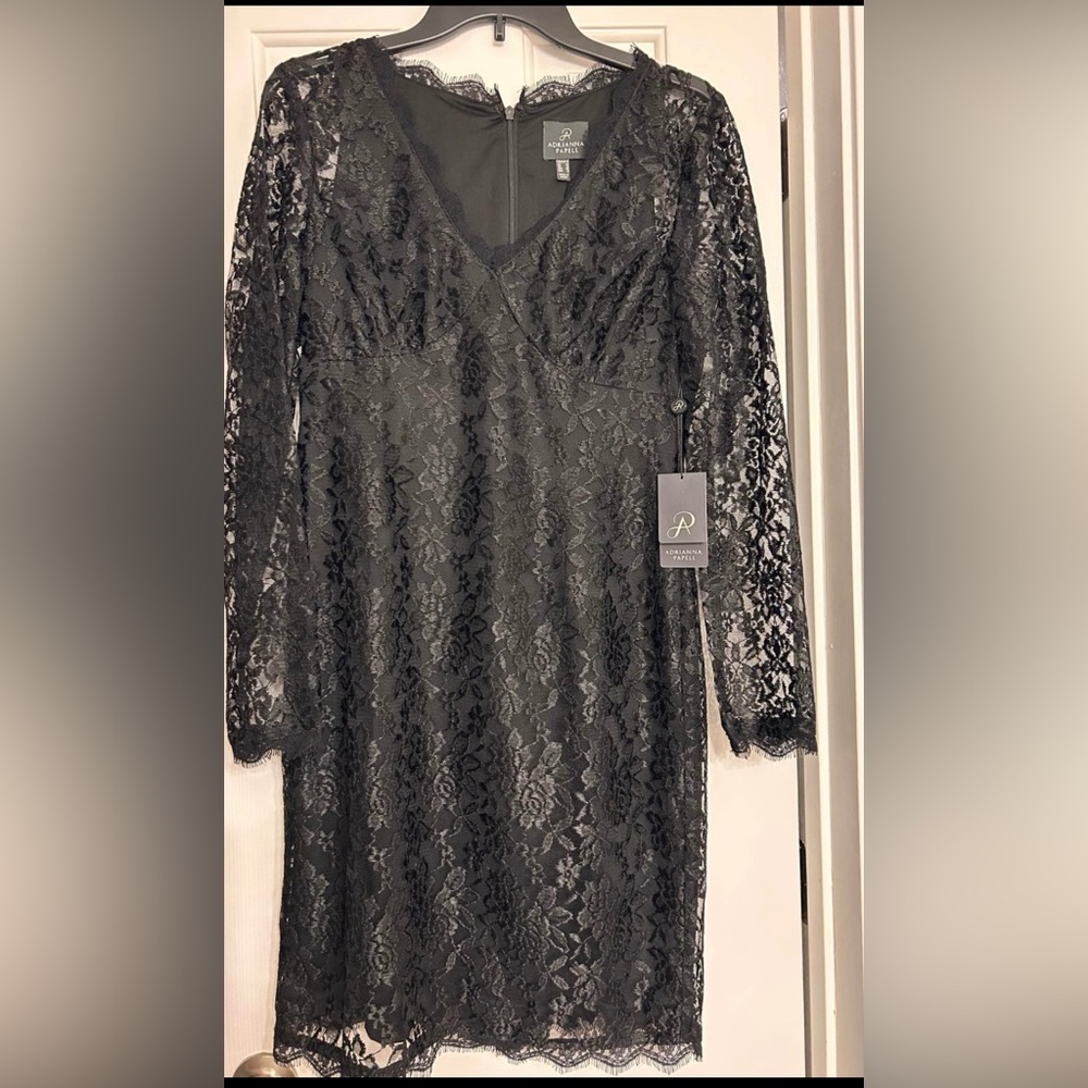 NWT Adrianna Papell Charcoal Black  Lace Long Sleeve Dress size 10
